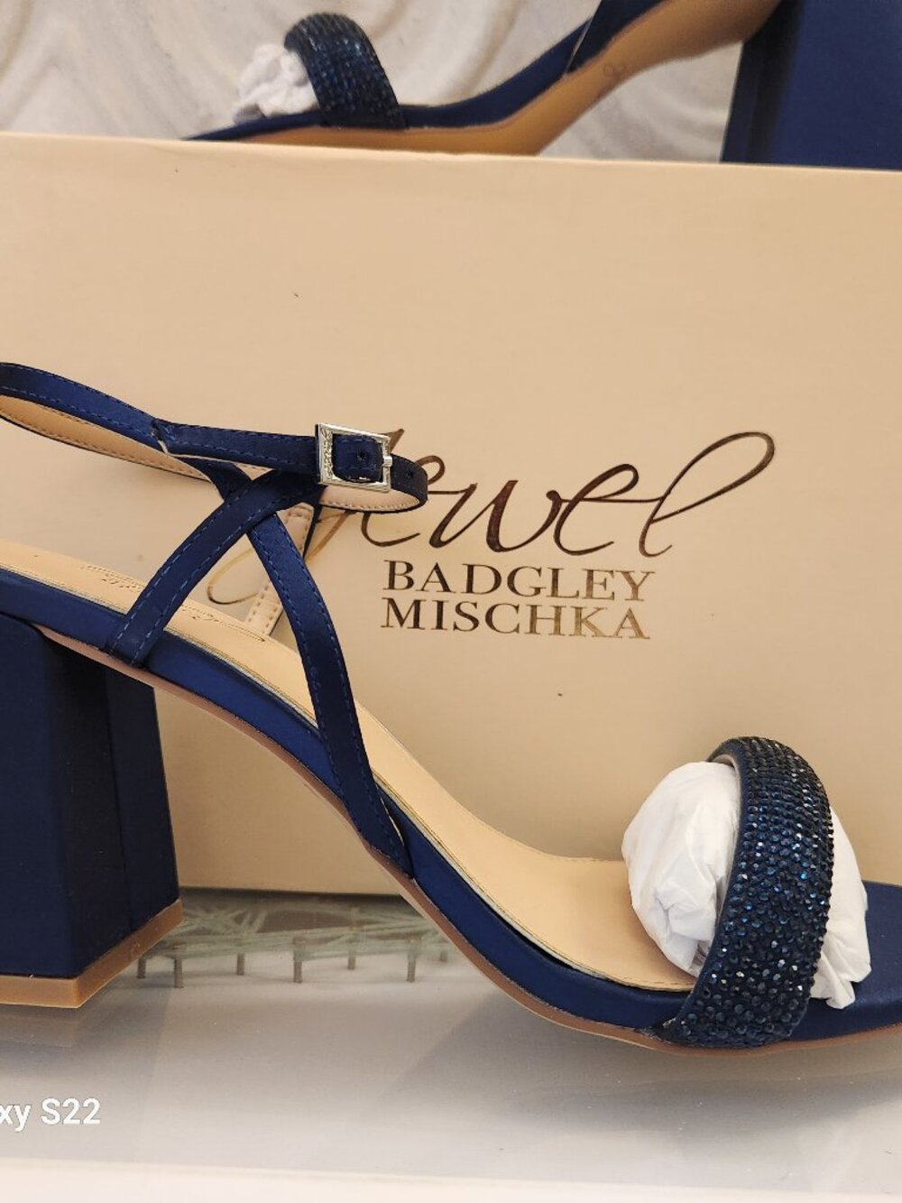 Jewel Badgley Mischka Navy Satin Embellished Sandals. NIB. Size 9